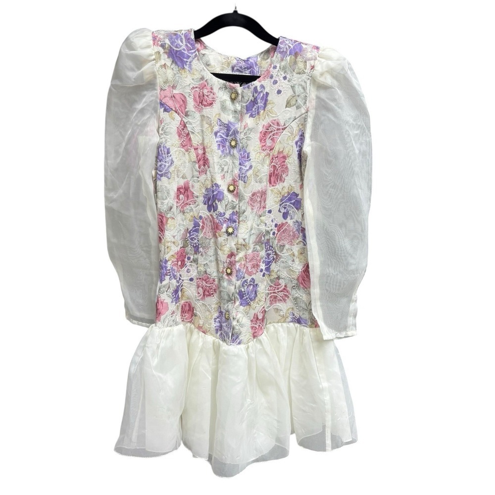 Vintage 80s 90s Girls Dress Lace Pastel Floral Tapestry Modest Puff 10 USA Made